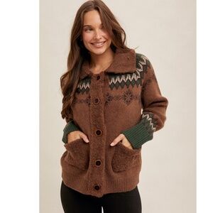 "The Fern" Brown Shearling Collar Jacquard Sweater Jacket